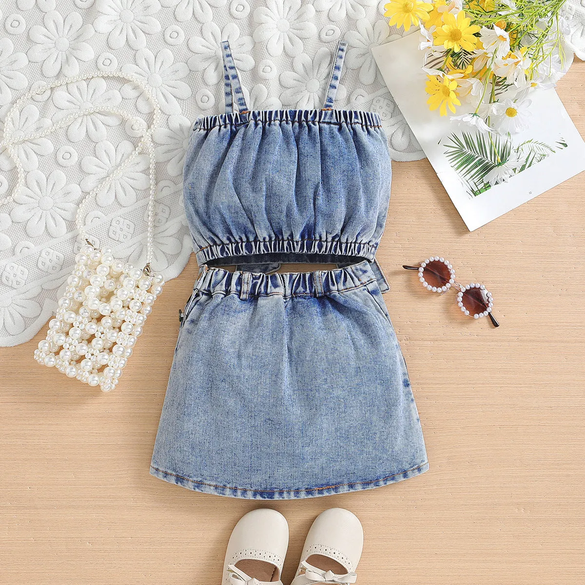 BABY Girls' Summer Denim Sling & Short Skirt Two-Piece Set