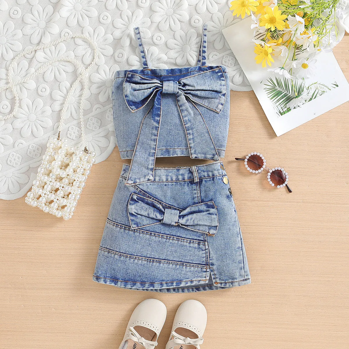 BABY Girls' Summer Denim Sling & Short Skirt Two-Piece Set