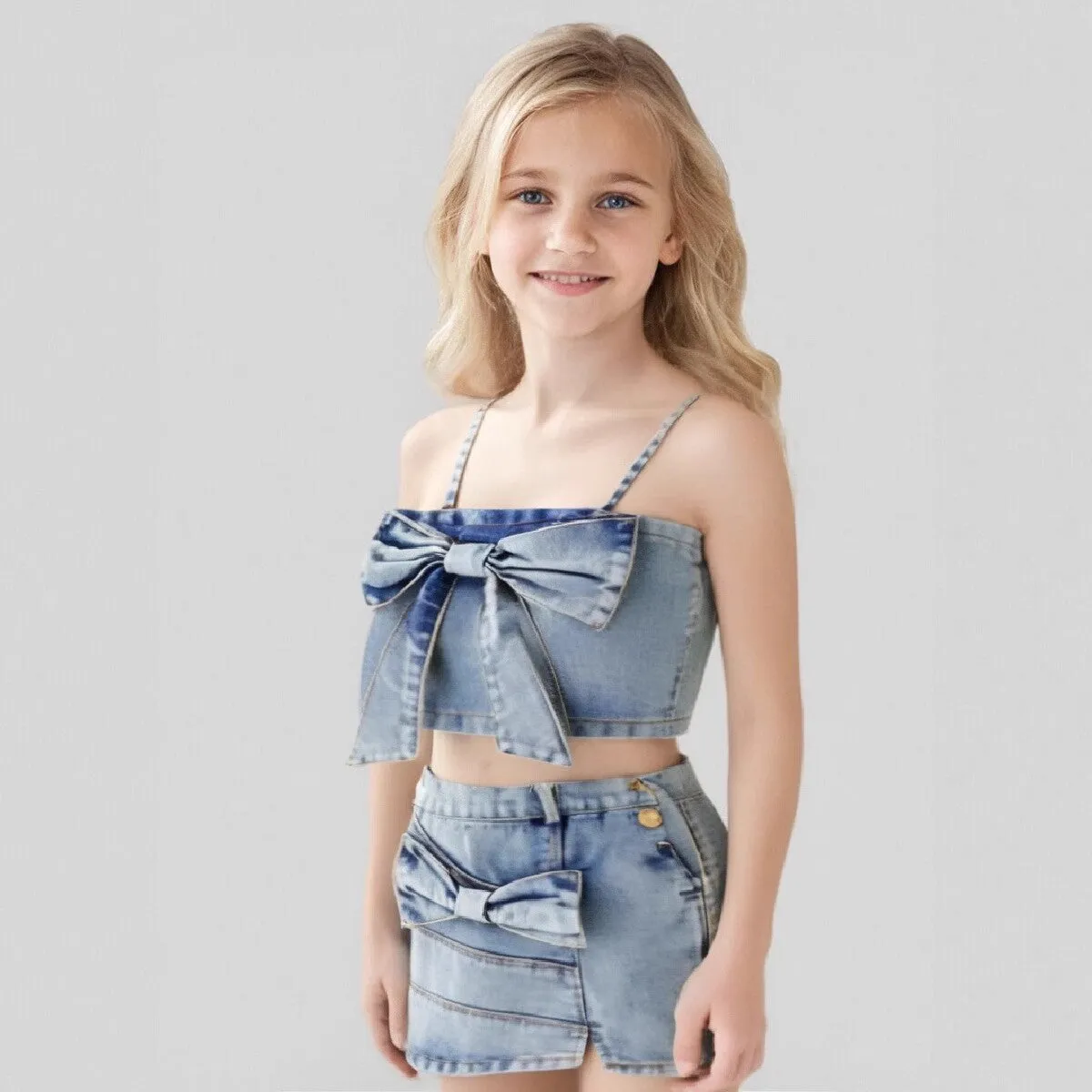 BABY Girls' Summer Denim Sling & Short Skirt Two-Piece Set