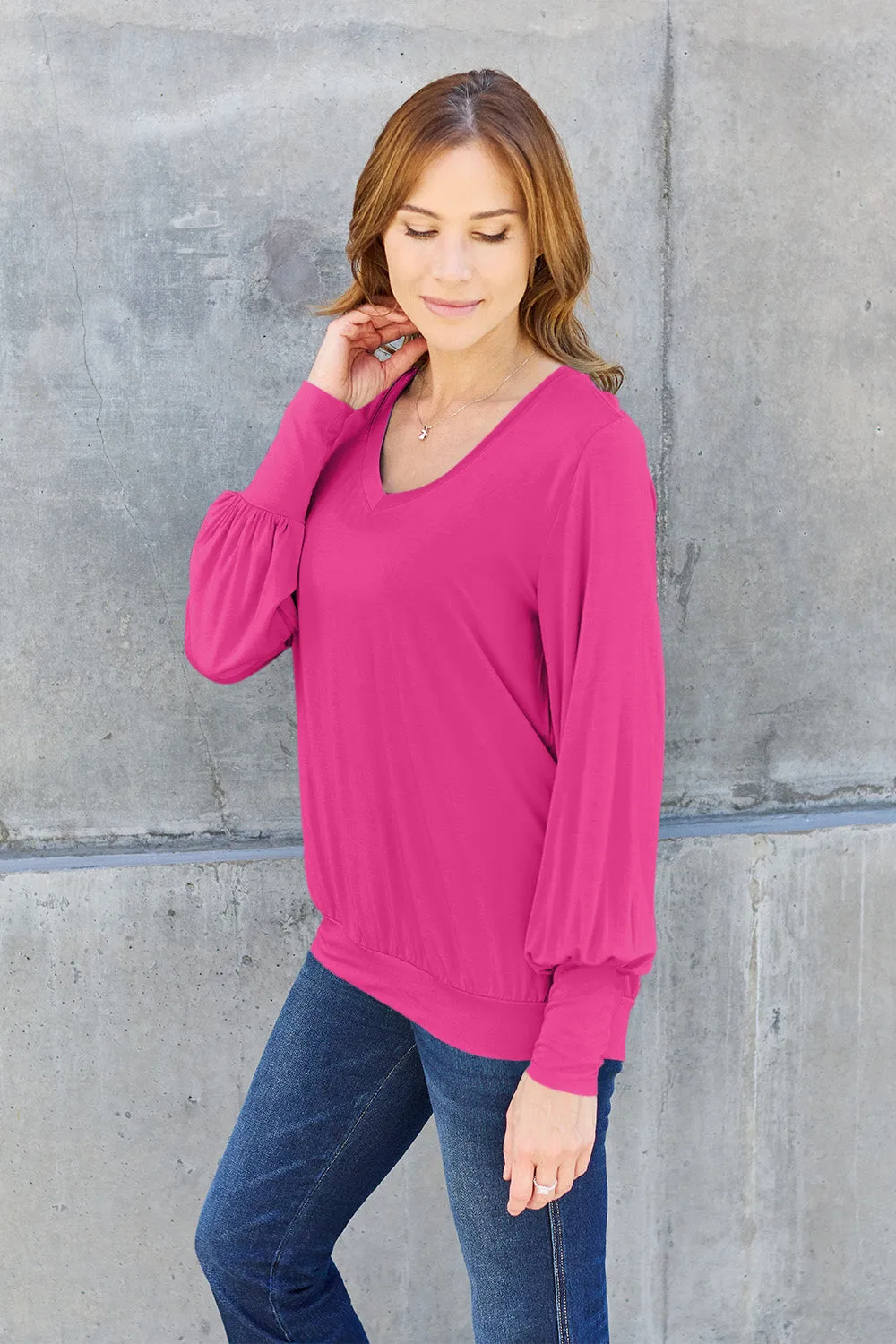 Basic Bae Full Size V-Neck Lantern Sleeve Top