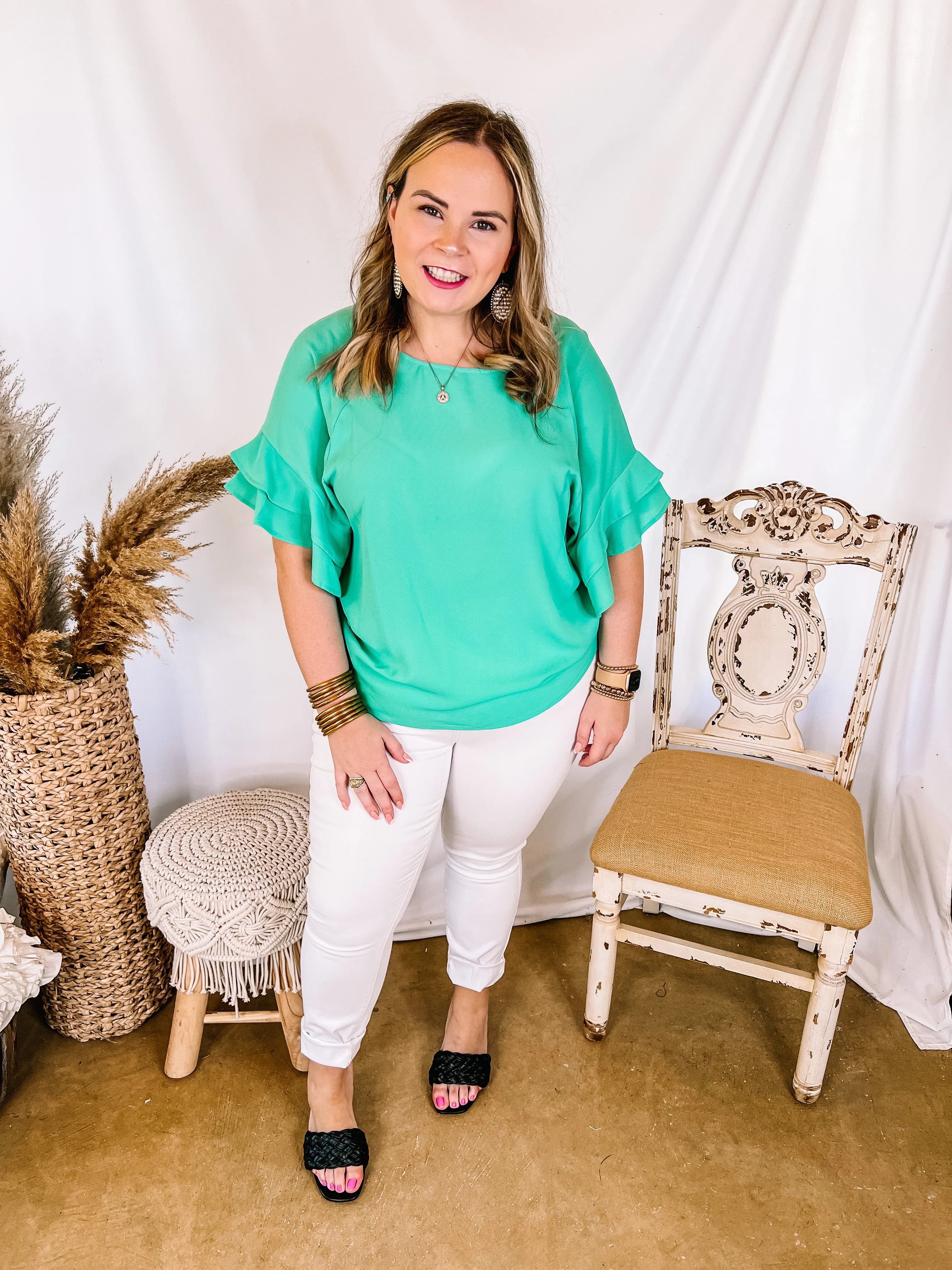 Basic Needs Ruffle Sleeve Top in Mint Green