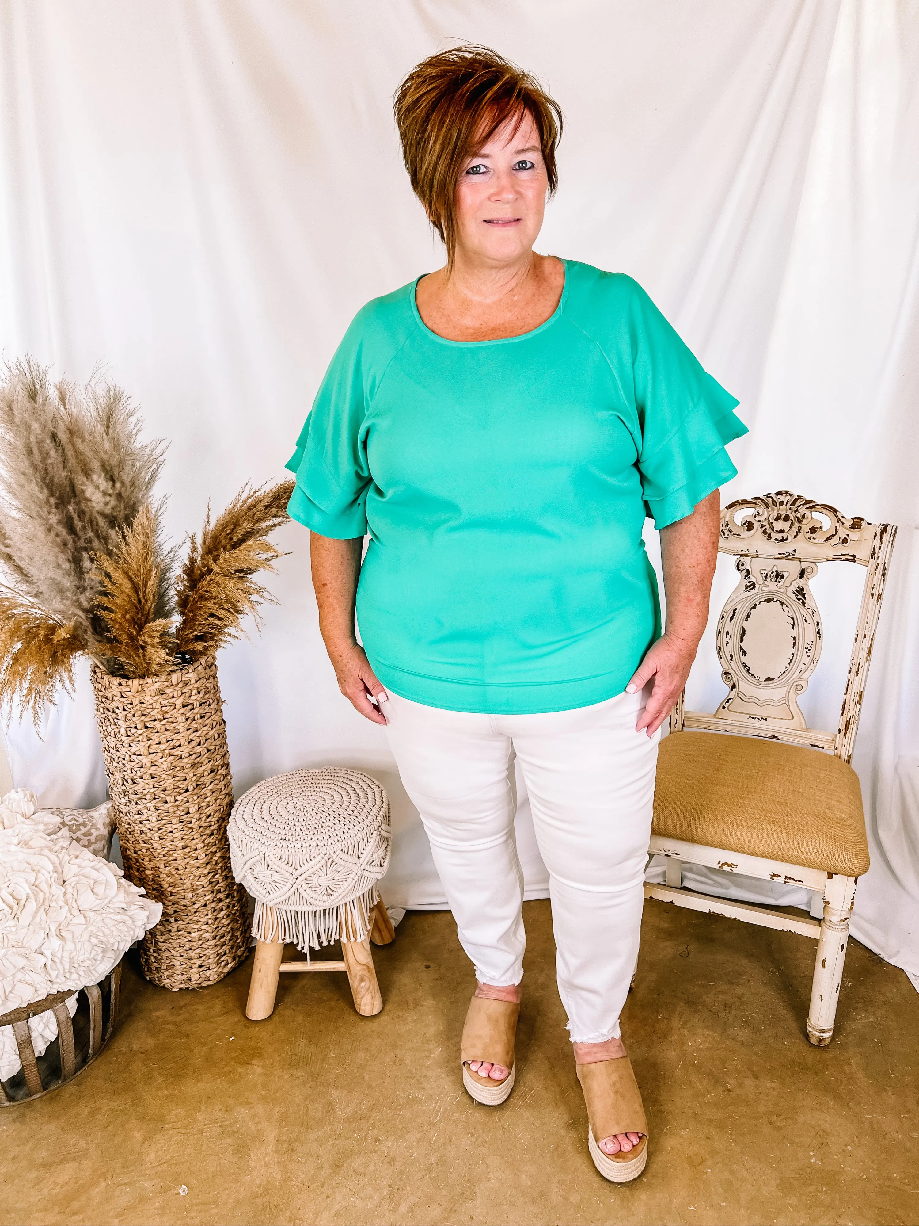 Basic Needs Ruffle Sleeve Top in Mint Green