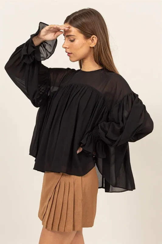 Black Flowy Blouse With Gathered Cuffs