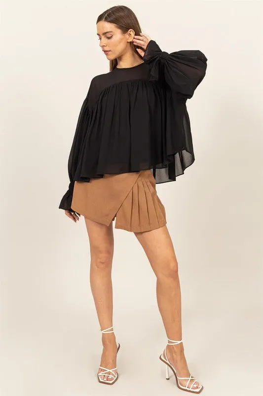 Black Flowy Blouse With Gathered Cuffs