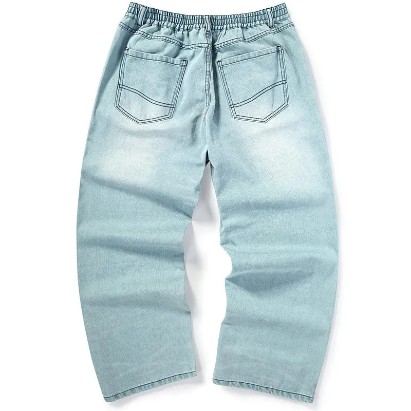 Blue Hip Hop Letter Print Elastic Waist Jeans