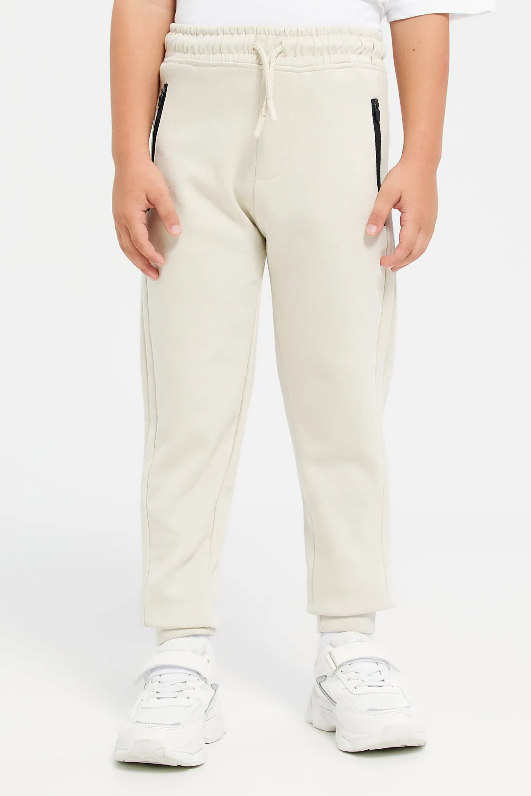 Boys Beige Zip Pocket Jogger Pants