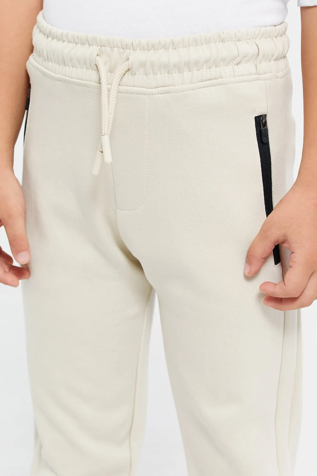 Boys Beige Zip Pocket Jogger Pants