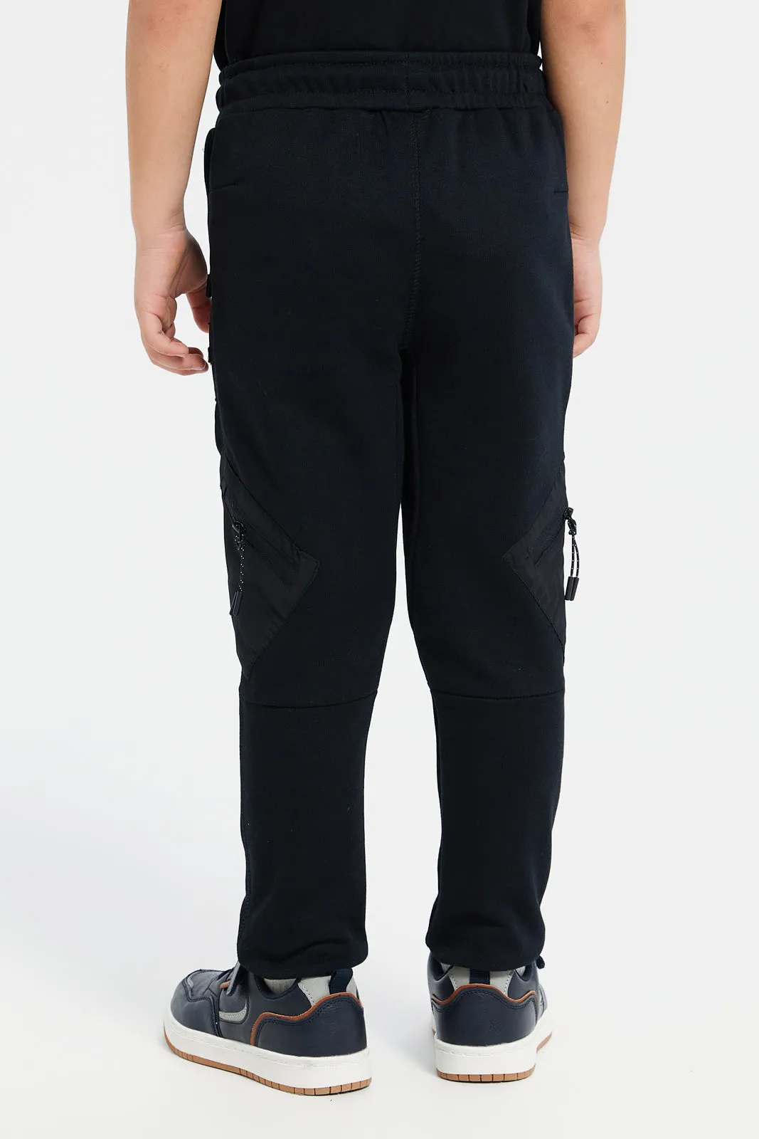 Boys Black Track Pants With Zipper Side Pocket