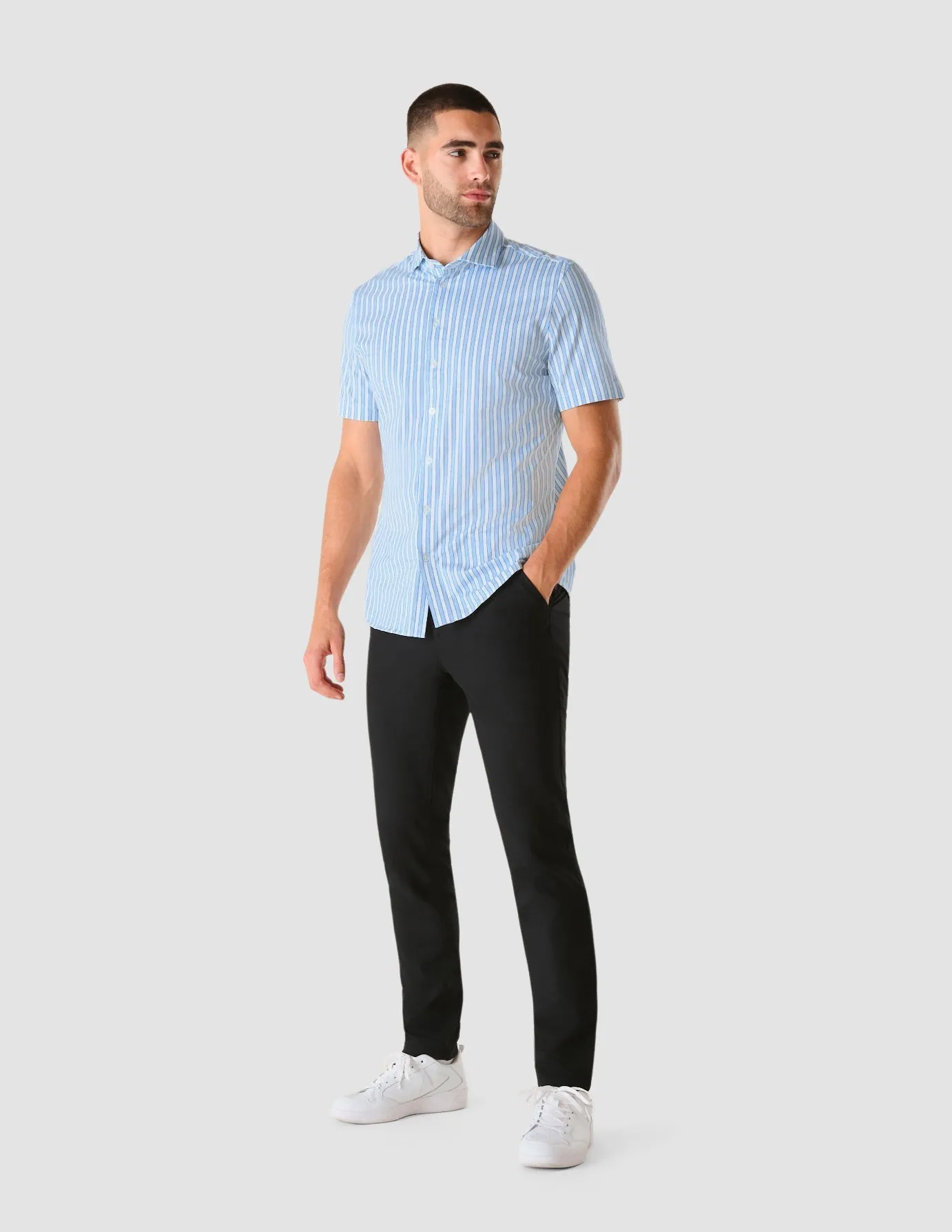 Classic Short-Sleeved Twill Shirt Light Blue Stripes