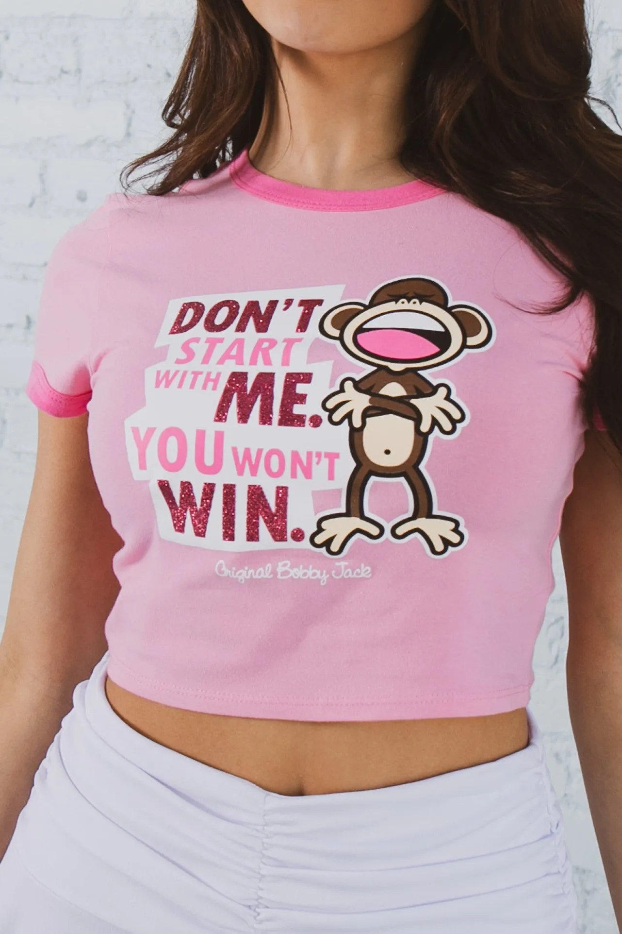 Don't Start - Bobby Jack Crop Glitter Ringer Top - Pink