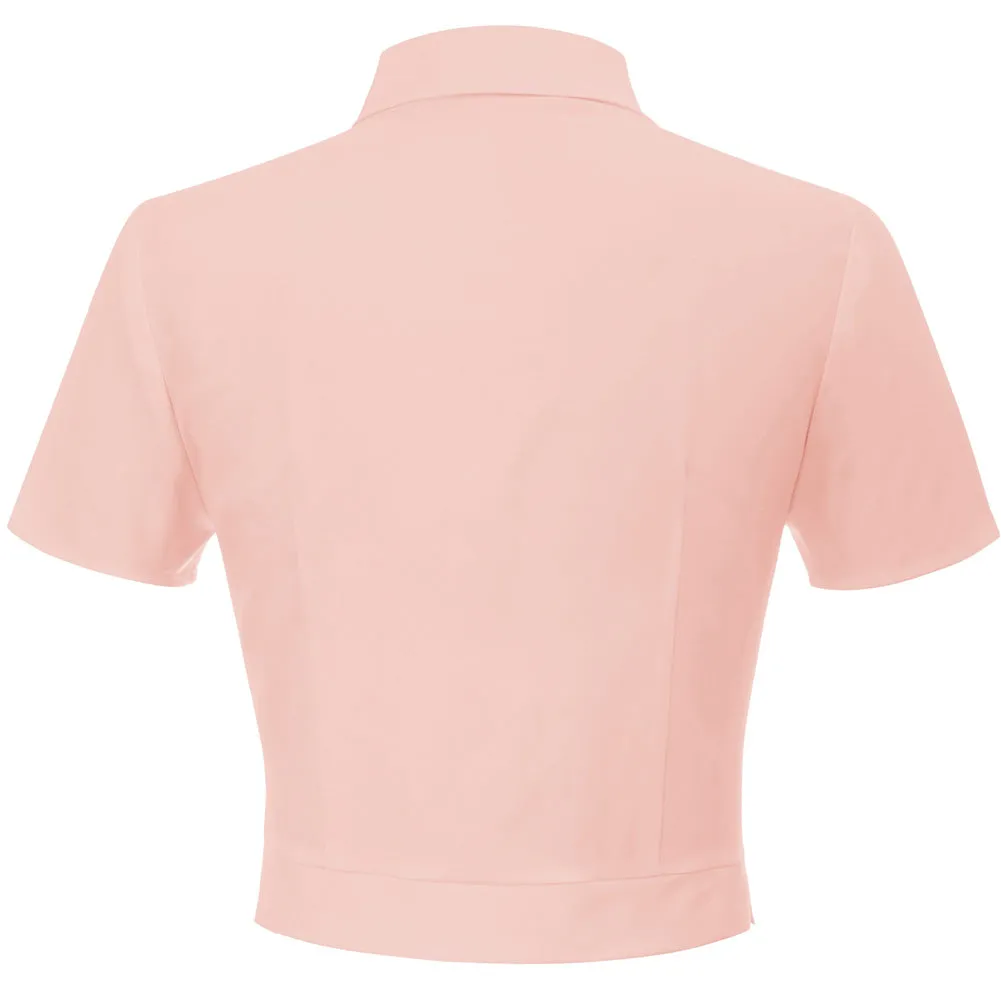 Fans Look of Short Sleeve Roll Style Collar Button Placket Blouse