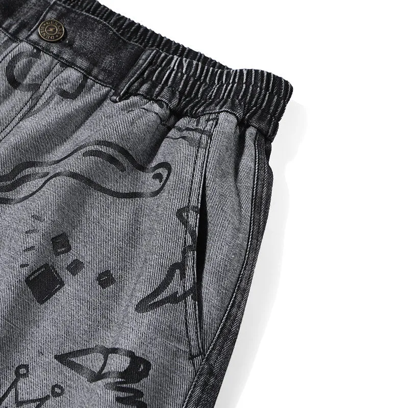 Gray Street Cartoon Graffiti Print Denim Jeans