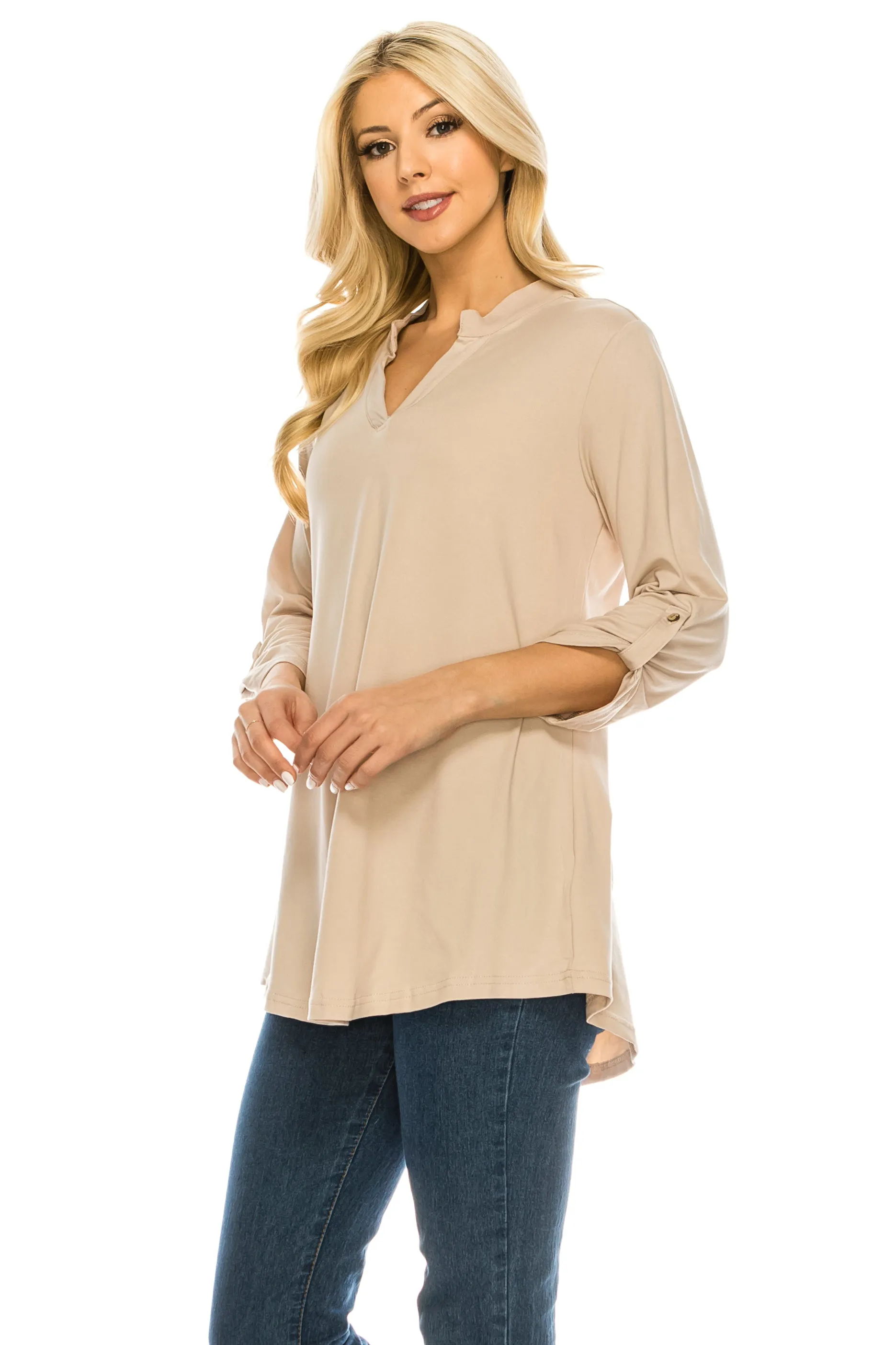 Haute Edition Women's 3/4 Sleeve Tunic Tops S-3X Solid. Plus size available.