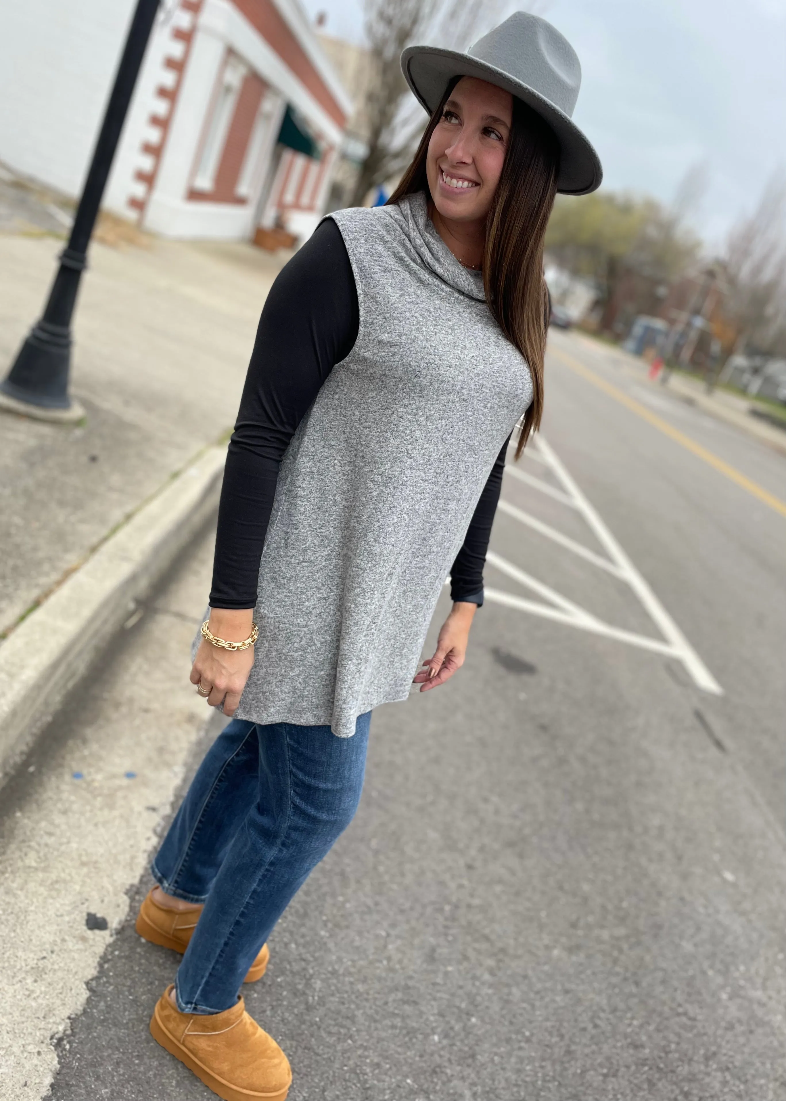 Heather Grey - Sleeveless Turtle Neck Tunic Top