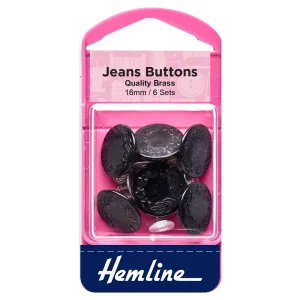 Hemline Buttons: Jeans: Black: 16mm: 6 Sets