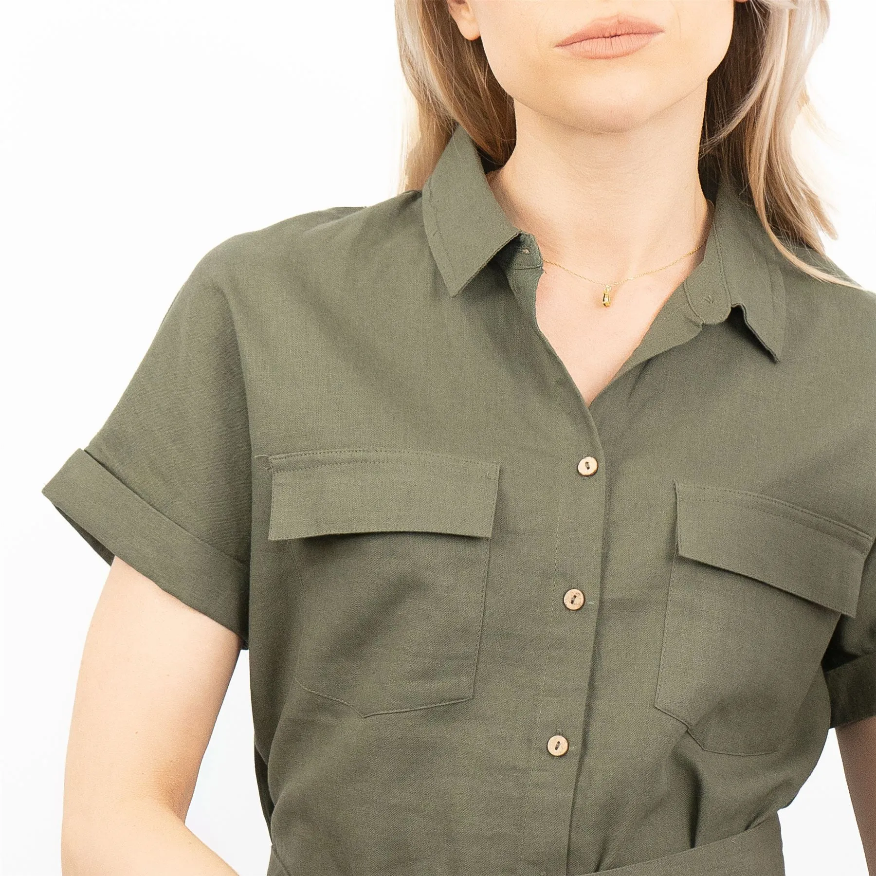 Khaki Green Short Sleeve Longline Shirts Utility Style Women's Tops