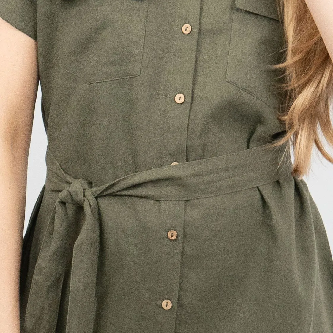 Khaki Green Short Sleeve Longline Shirts Utility Style Women's Tops