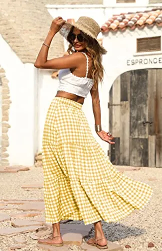 KIRUNDO Women's 2023 Spring Summer Casual High Waist Plaid Maxi Skirt A-Line Tiered Ruffle Flowy Swing Gingham Long Skirts(Solid-Yellow, X-Large)