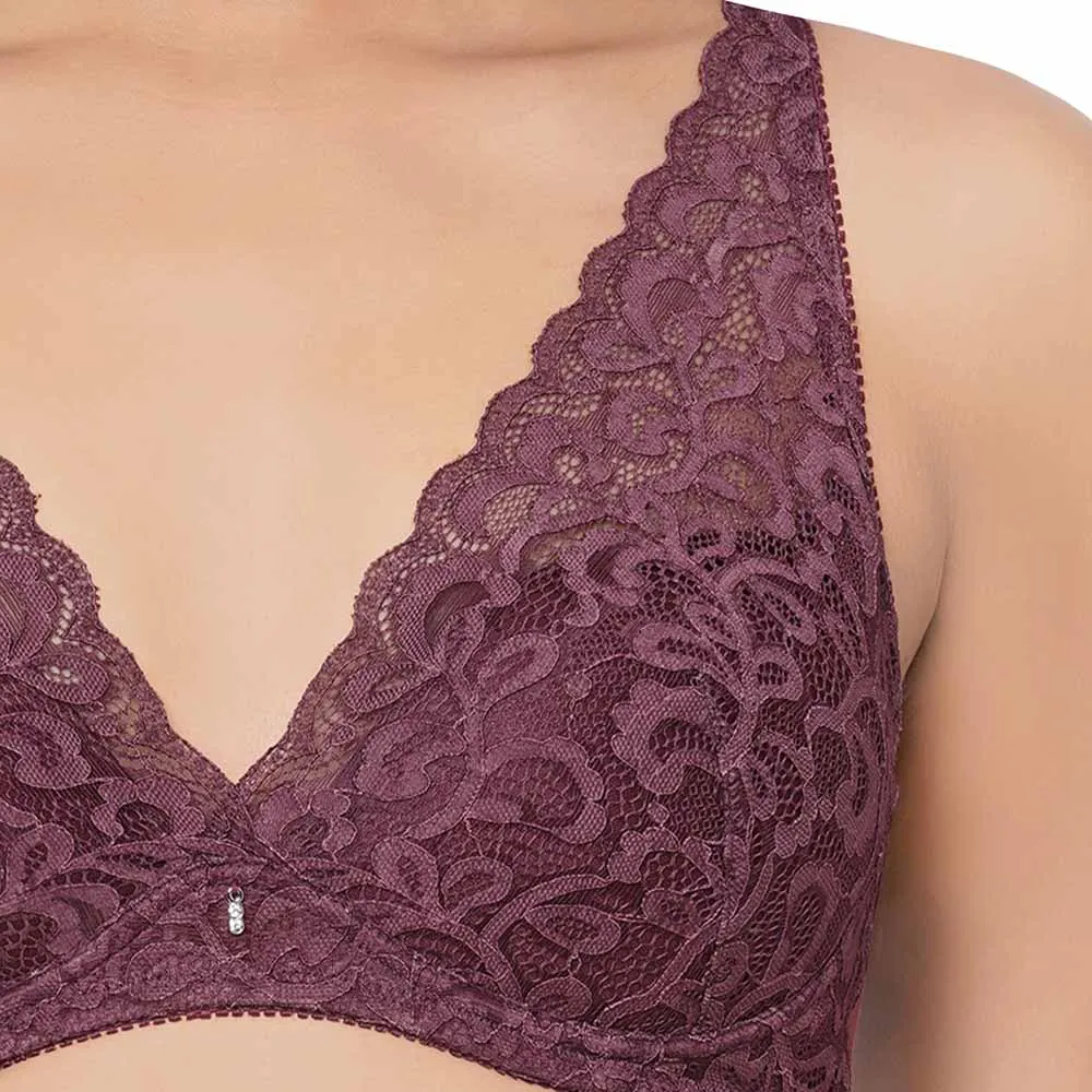 Mystique Padded Non-wired 3/4th Cup Bridal Wear Medium coverage Lace Bra - Wine