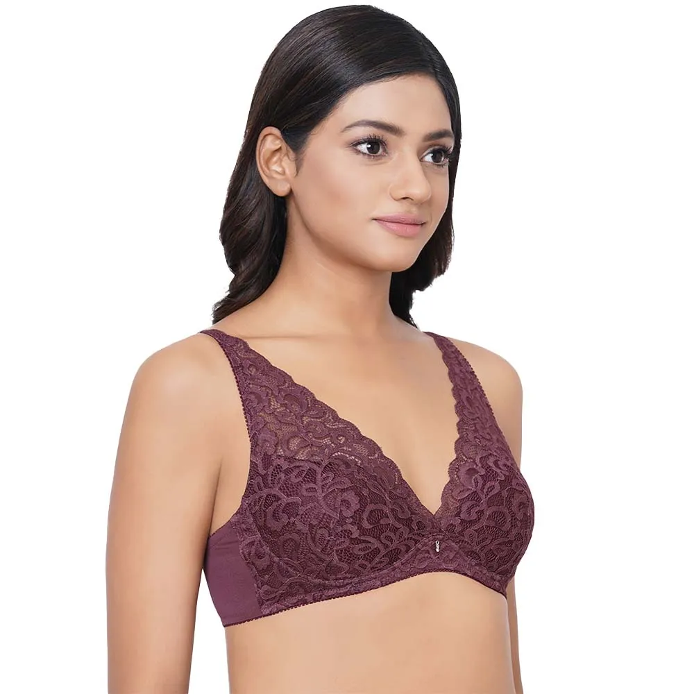 Mystique Padded Non-wired 3/4th Cup Bridal Wear Medium coverage Lace Bra - Wine