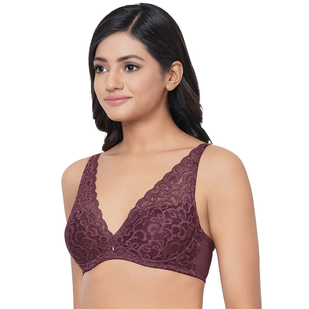 Mystique Padded Non-wired 3/4th Cup Bridal Wear Medium coverage Lace Bra - Wine