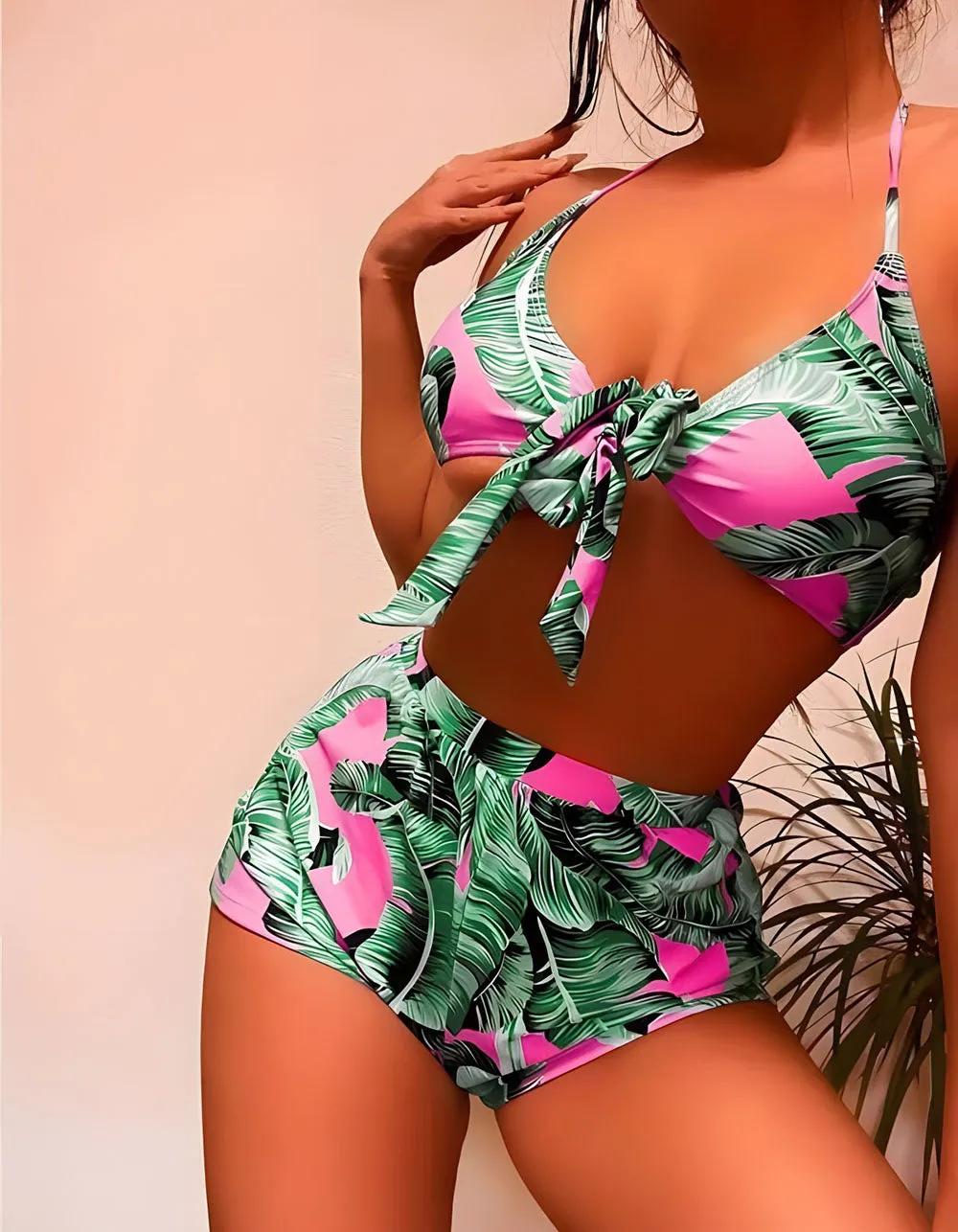 Plants Printed Three Piece Halter Shorts Bikini Swimwear Sets