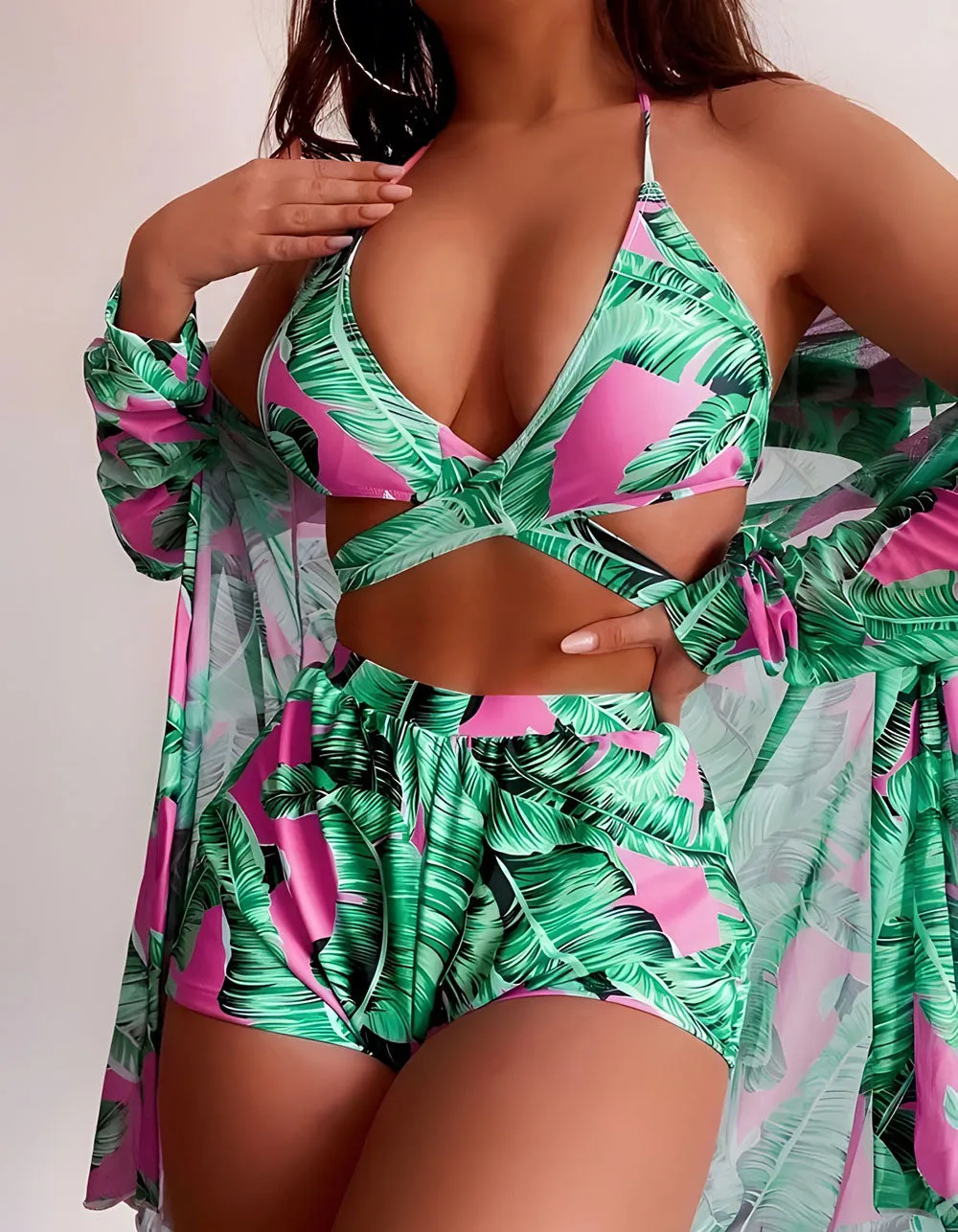 Plants Printed Three Piece Halter Shorts Bikini Swimwear Sets