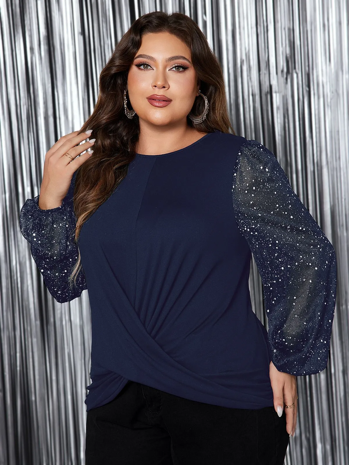 [Plus Size] 1950s Solid Sequined Patchwork Top