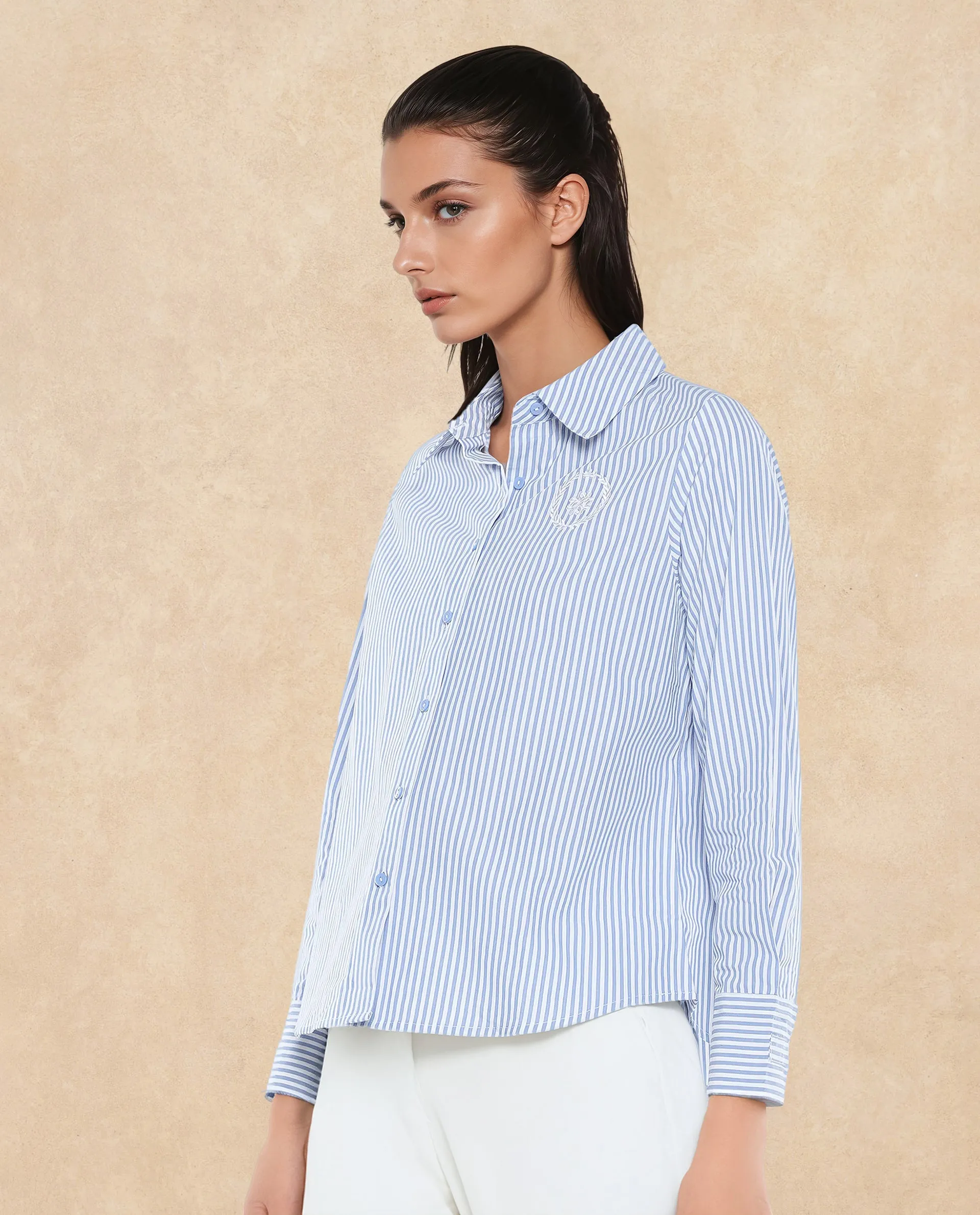 Rareism Women Alug Blue Cuffed Sleeves Collared Neck Button Closure Narrow Stripes Shirt