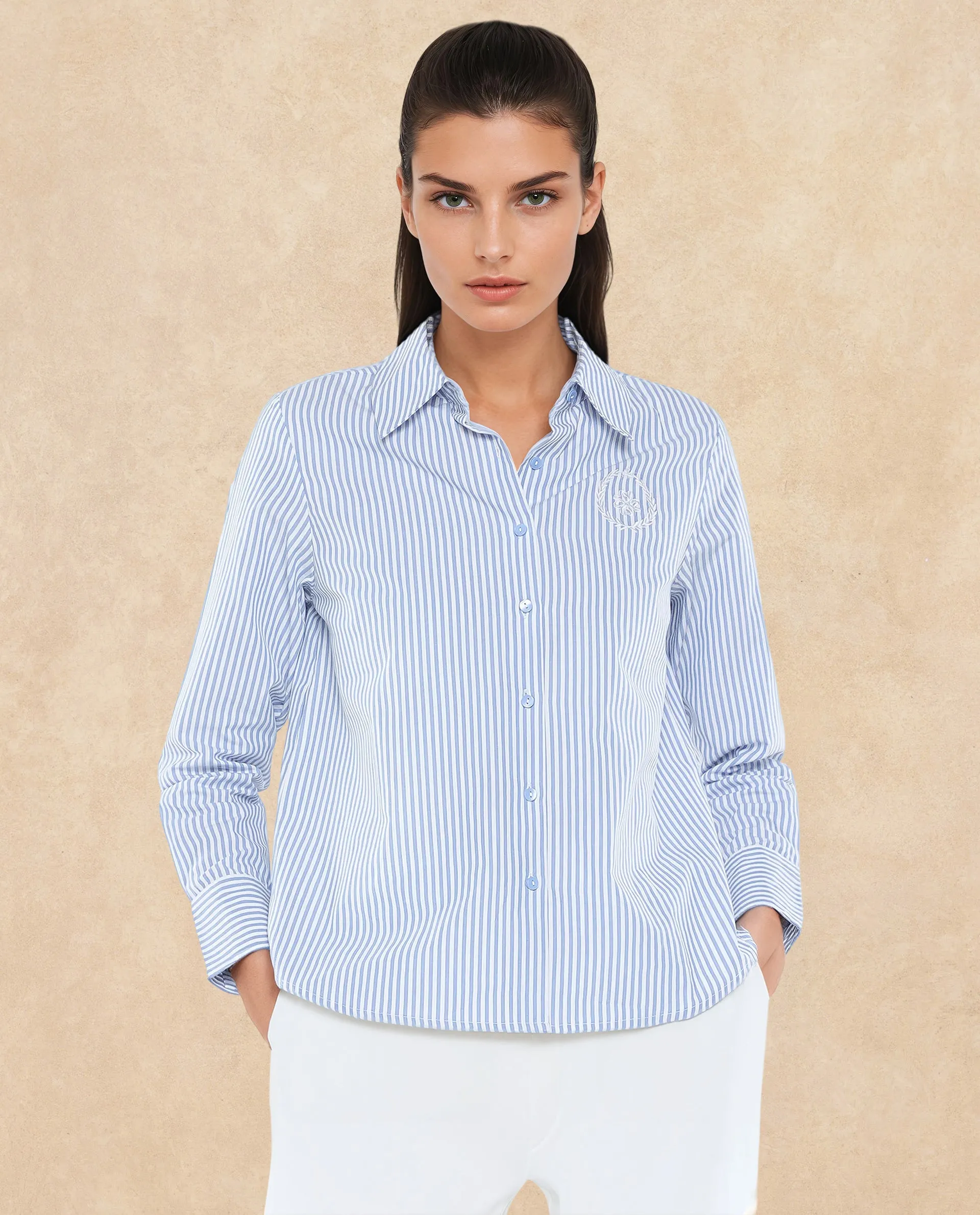 Rareism Women Alug Blue Cuffed Sleeves Collared Neck Button Closure Narrow Stripes Shirt