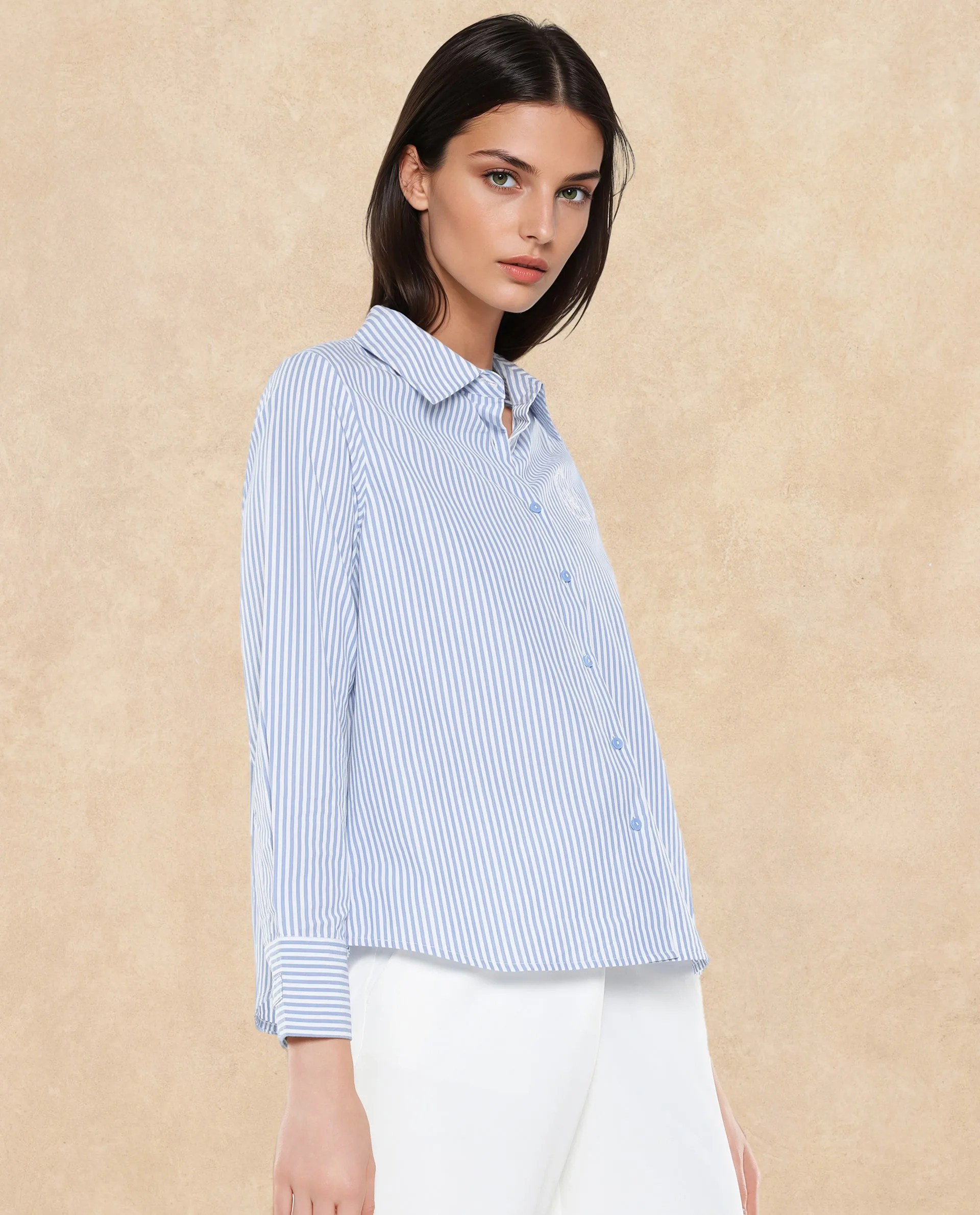 Rareism Women Alug Blue Cuffed Sleeves Collared Neck Button Closure Narrow Stripes Shirt