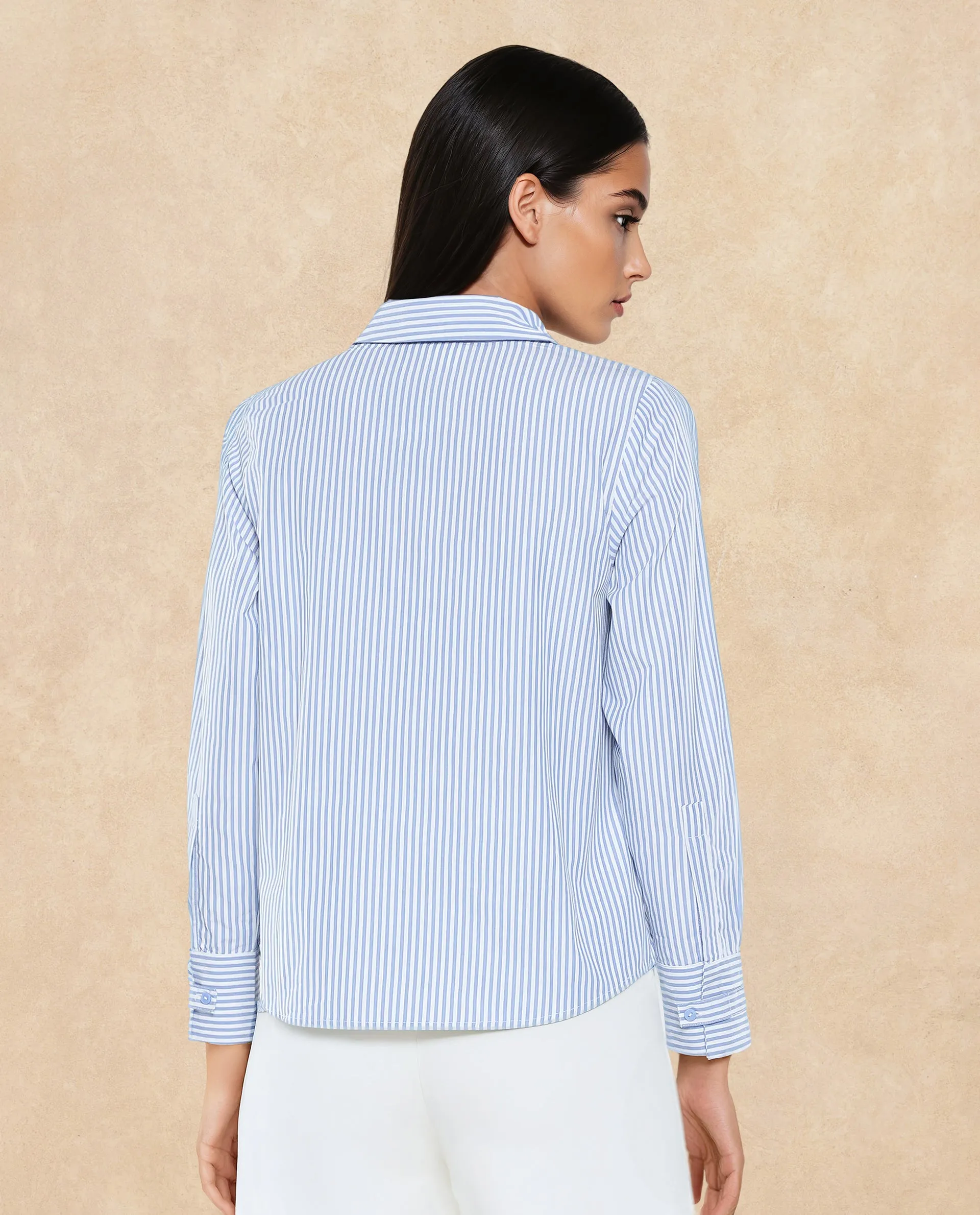 Rareism Women Alug Blue Cuffed Sleeves Collared Neck Button Closure Narrow Stripes Shirt