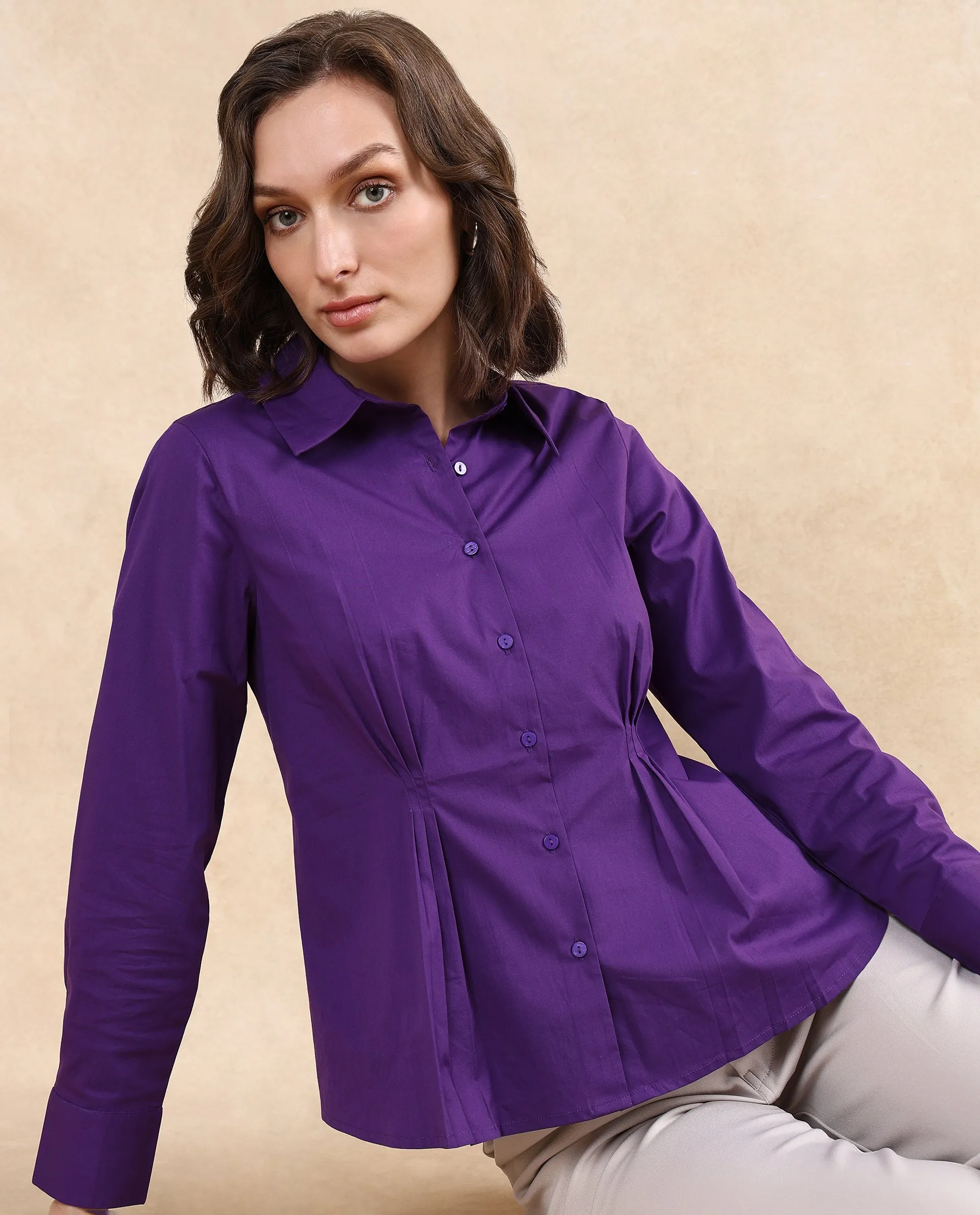 Rareism Women Cojin Purple Cotton Blend Fabric Cuffed Sleeve Collared Neck Button Closure Regular Fit Plain Top