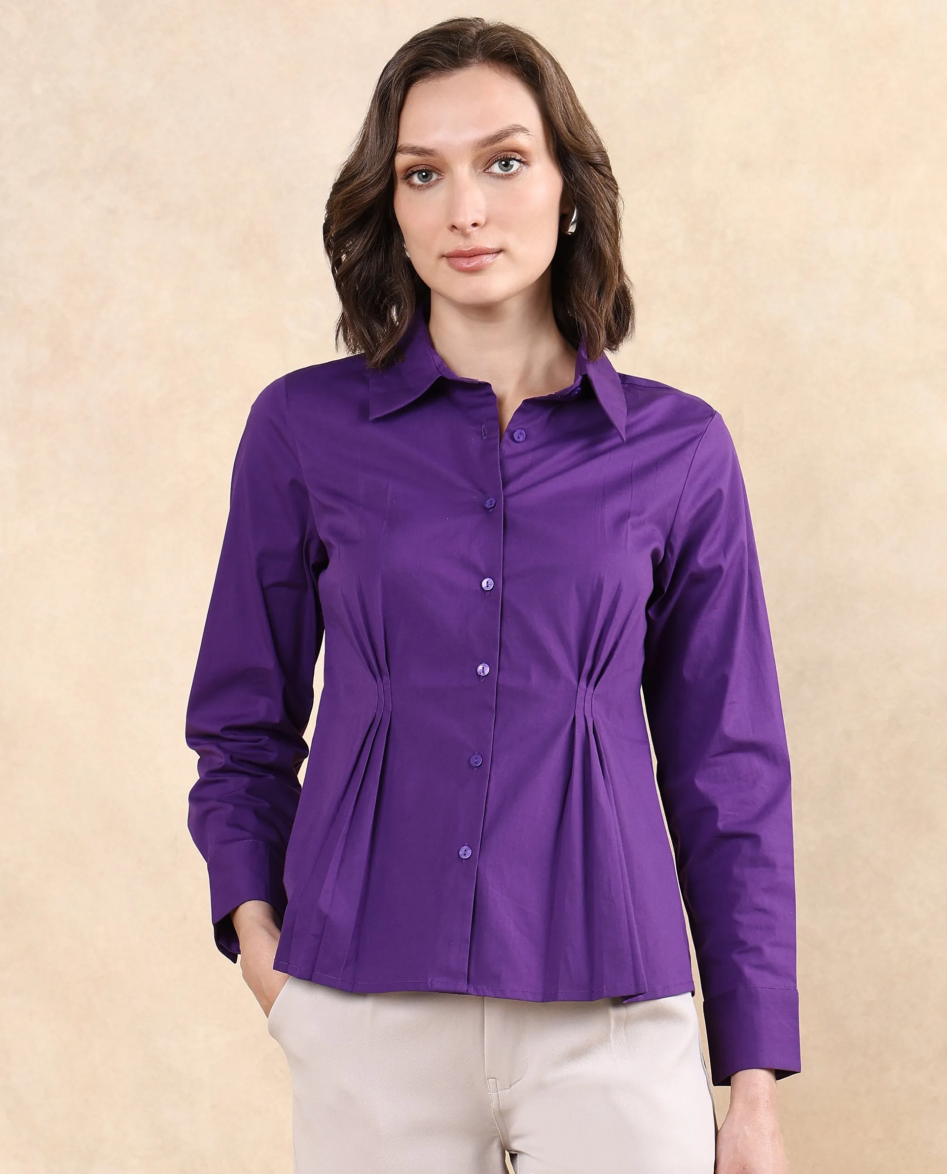 Rareism Women Cojin Purple Cotton Blend Fabric Cuffed Sleeve Collared Neck Button Closure Regular Fit Plain Top