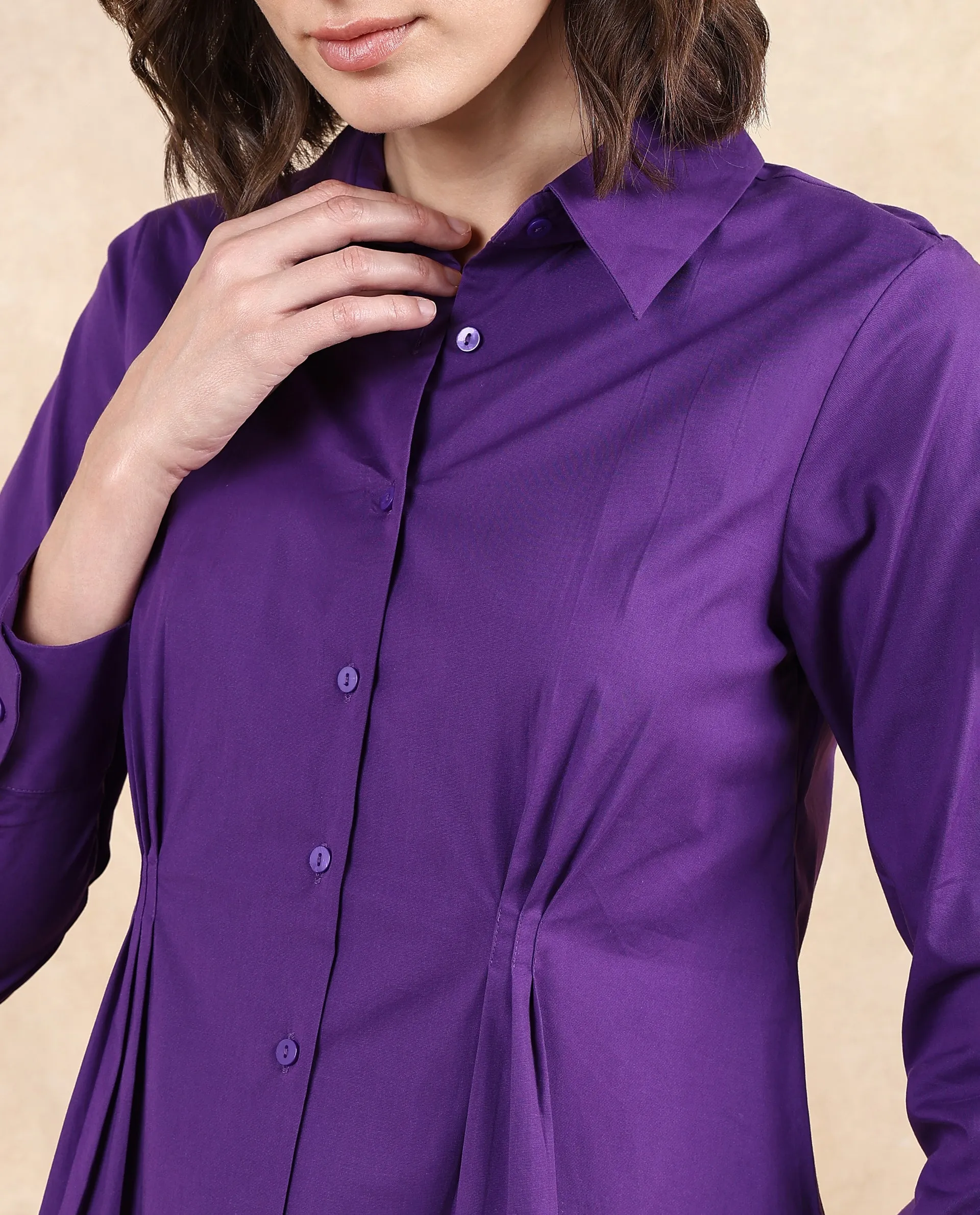 Rareism Women Cojin Purple Cotton Blend Fabric Cuffed Sleeve Collared Neck Button Closure Regular Fit Plain Top