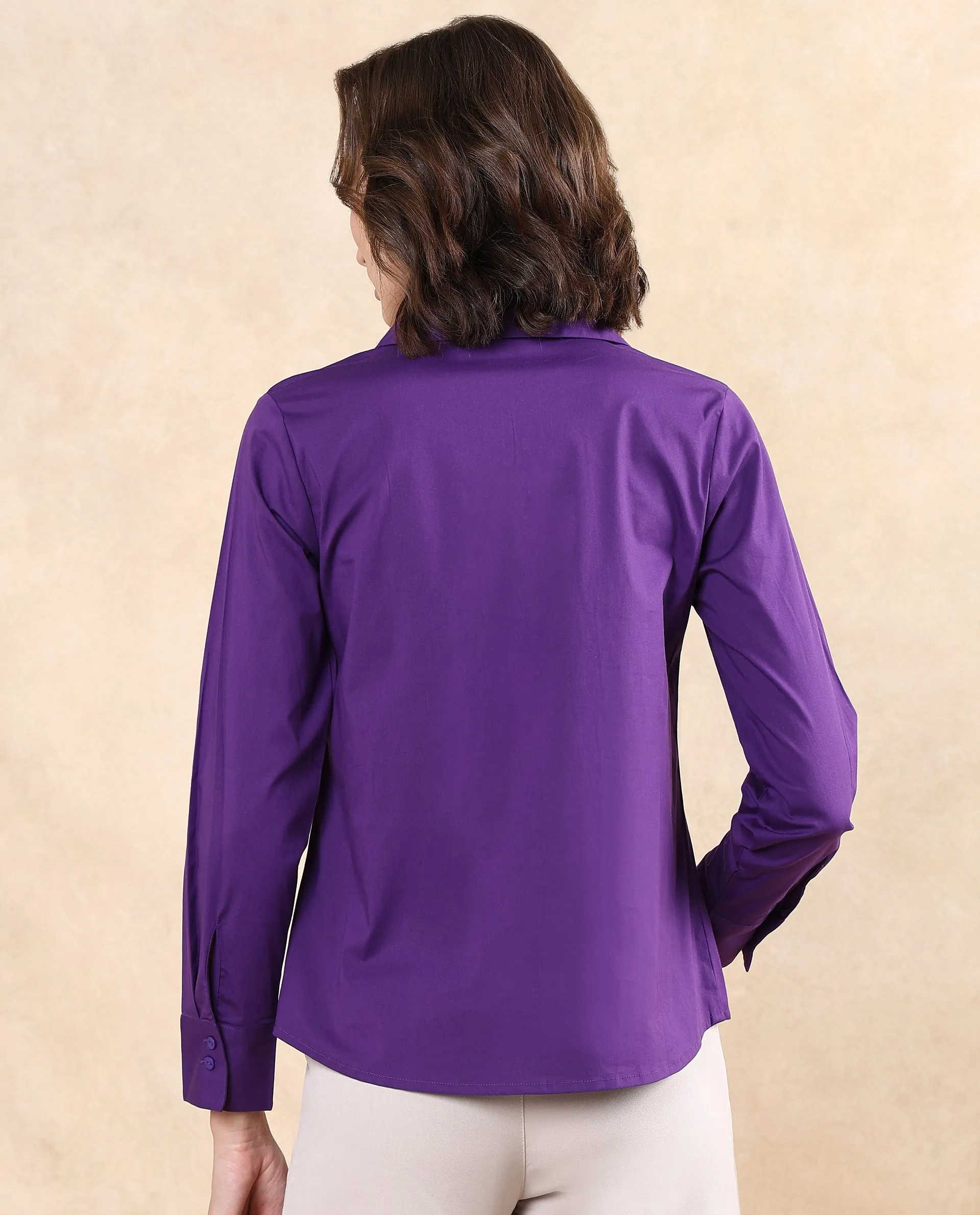 Rareism Women Cojin Purple Cotton Blend Fabric Cuffed Sleeve Collared Neck Button Closure Regular Fit Plain Top