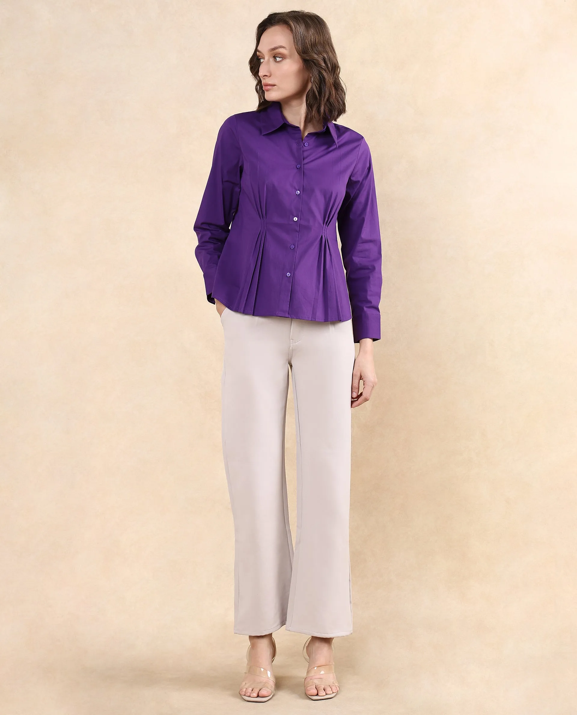 Rareism Women Cojin Purple Cotton Blend Fabric Cuffed Sleeve Collared Neck Button Closure Regular Fit Plain Top