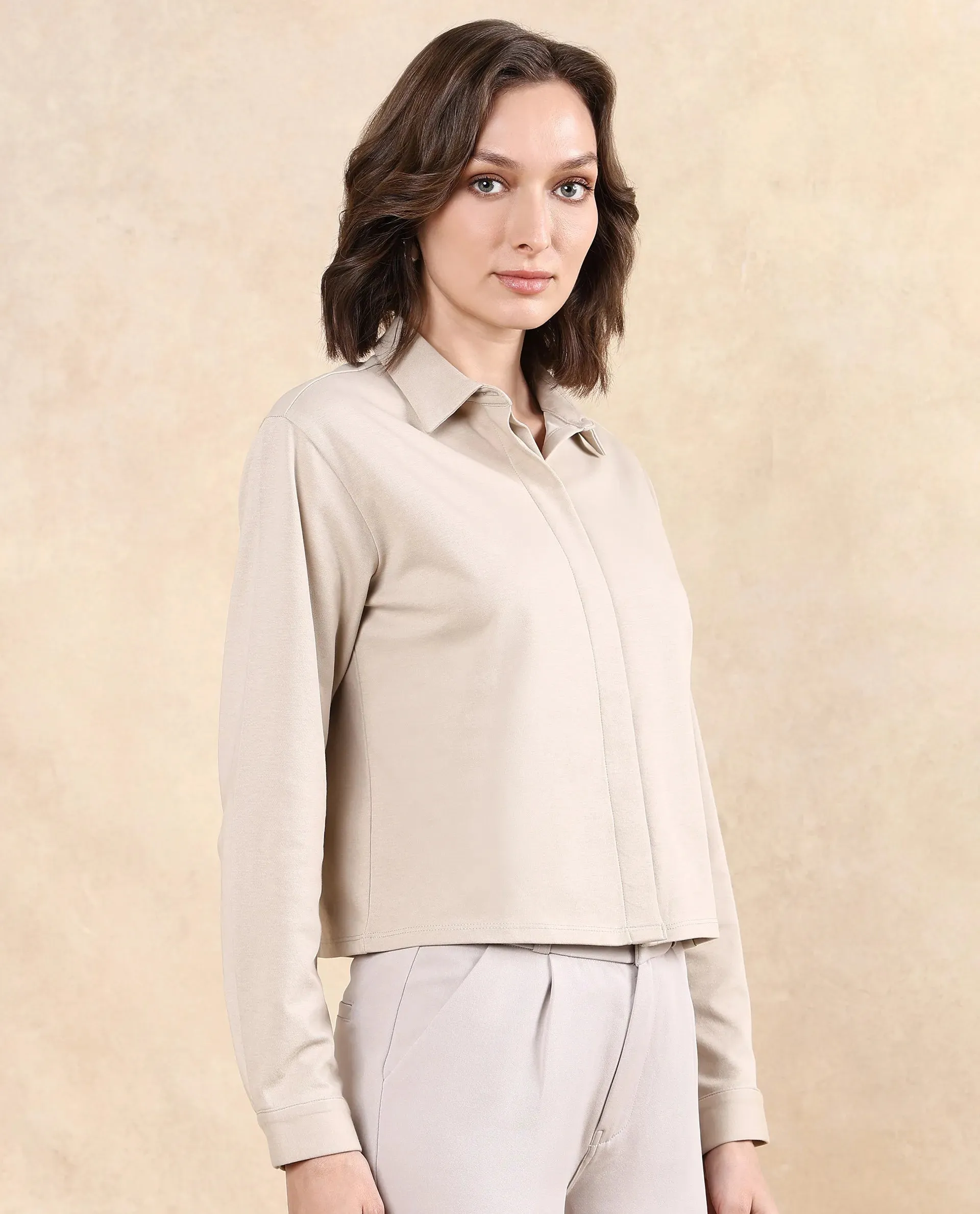 Rareism Women Ellery Beige Cotton Blend Fabric Full Sleeve Collared Neck Button Closure Plain Shirt