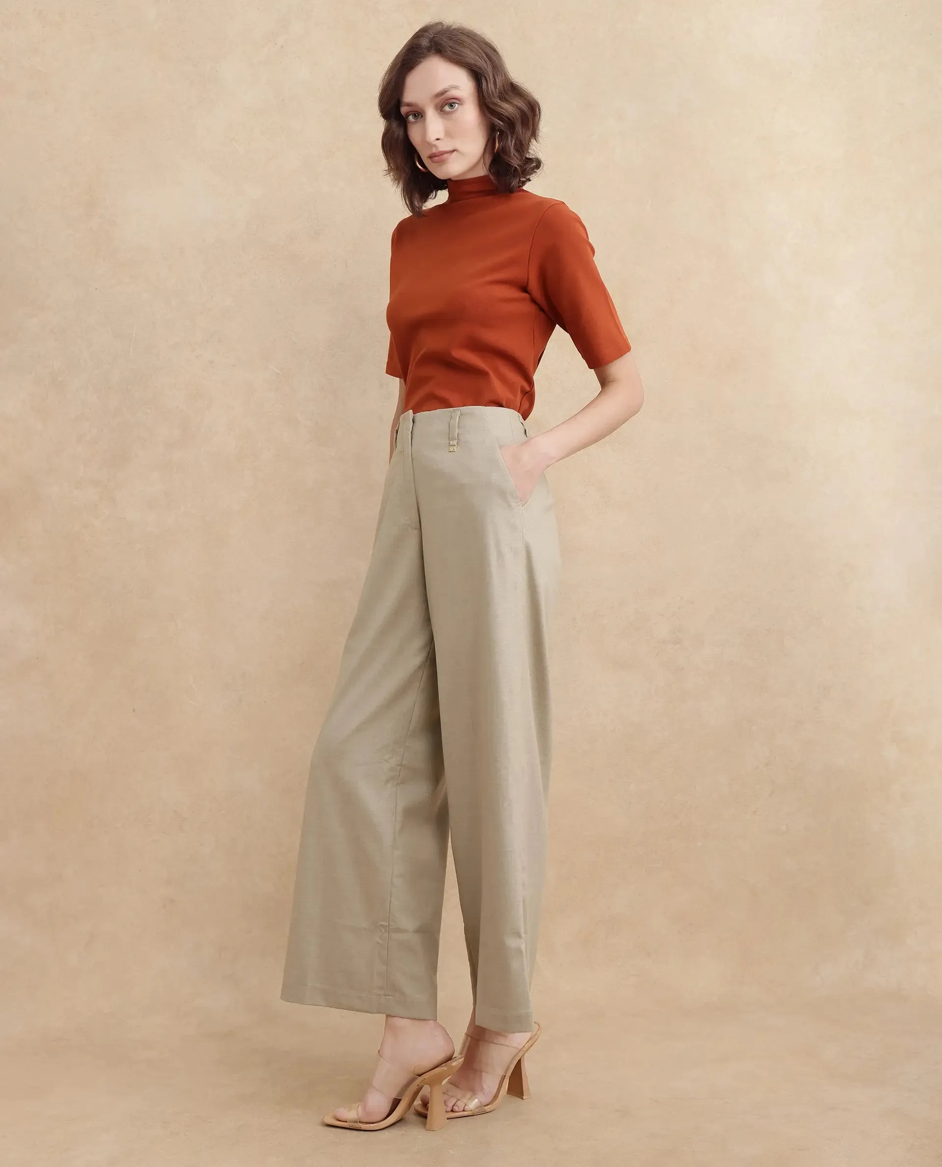 Rareism Women Katy Beige Hook Closure Straight Fit Ankle Length Plain Trouser