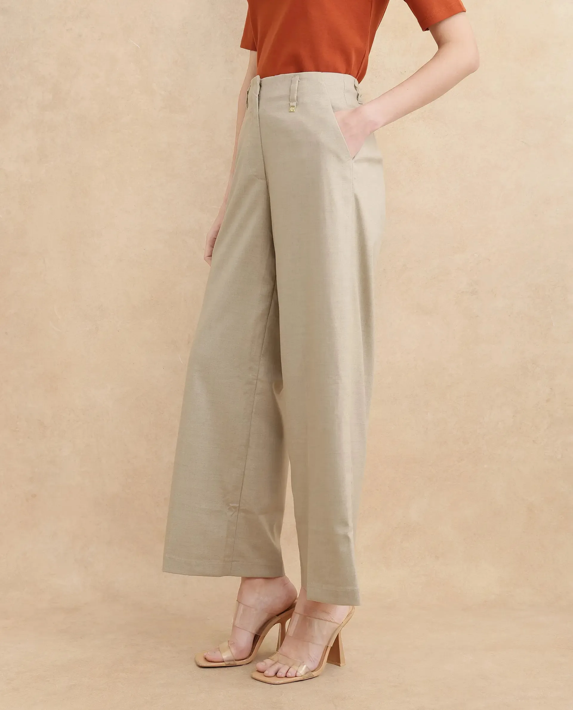 Rareism Women Katy Beige Hook Closure Straight Fit Ankle Length Plain Trouser