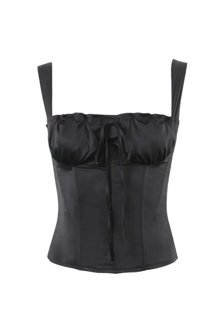 Silky Satin Bow Tie Ruched Bustier Suspender Strap Corset Crop Tank Top