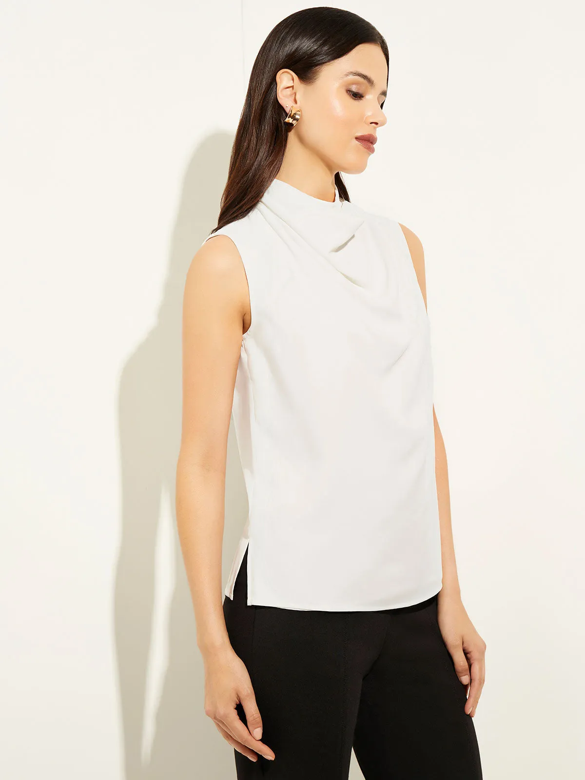 Sleeveless High Neck Draped Crepe de Chine Blouse, White