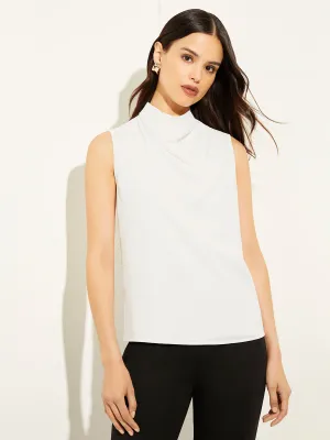 Sleeveless High Neck Draped Crepe de Chine Blouse, White