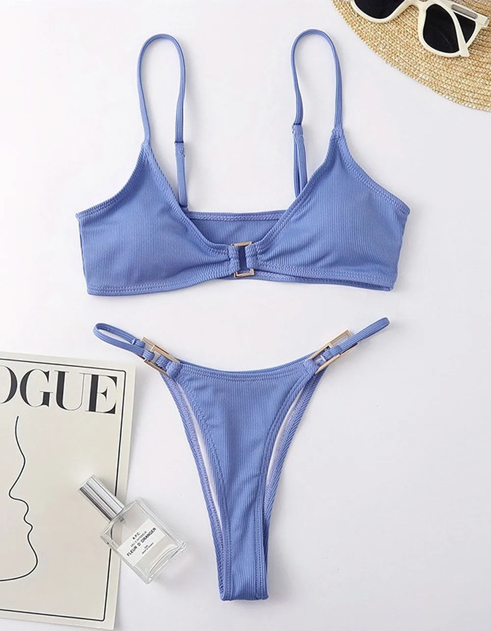 Solid-color Strap Backless Two-piece Thong Bikini Swimwear Sets