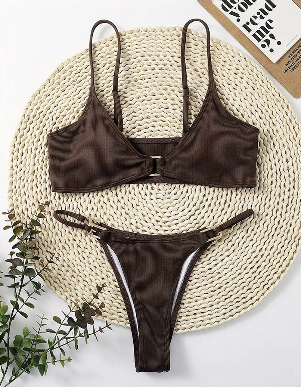 Solid-color Strap Backless Two-piece Thong Bikini Swimwear Sets