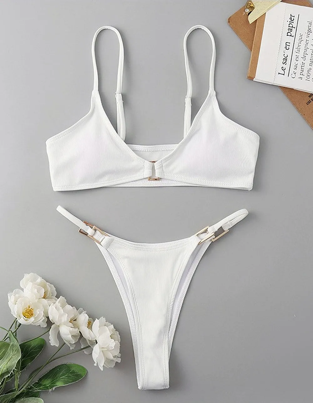 Solid-color Strap Backless Two-piece Thong Bikini Swimwear Sets