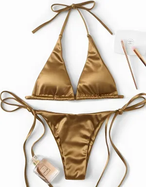 Solid-color Two-piece Tie Side Thong Bikinis Swimwear