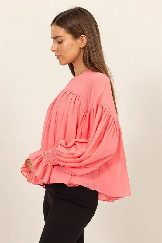 Sugar Coral Flowy Blouse With Gathered Cuffs