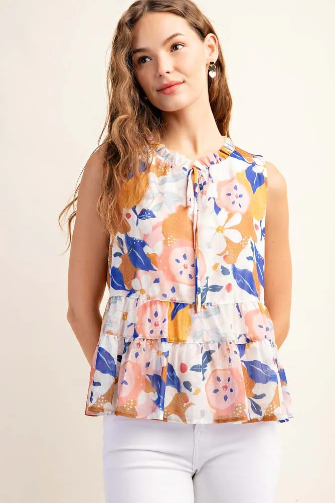 Tiered Sleeveless Floral Top in Blush Multi by Kori America