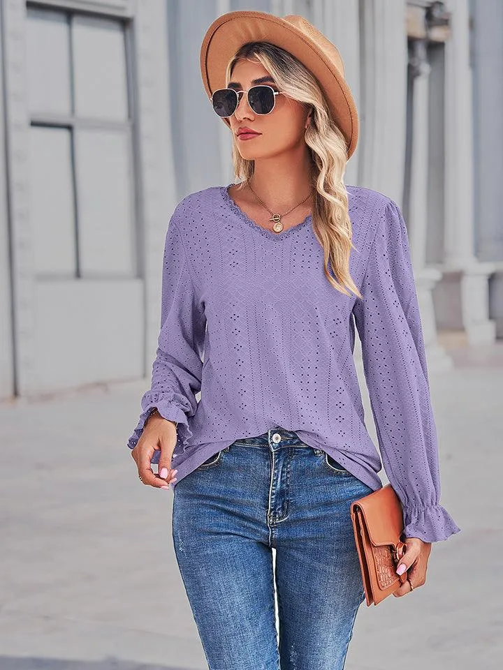 V-Neck Flounce Sleeve Blouse